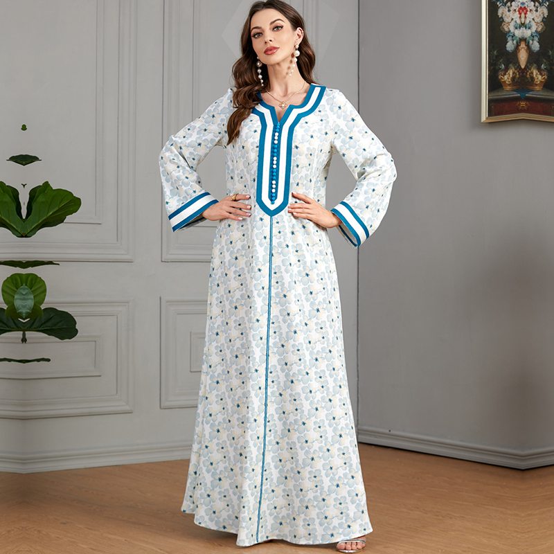 Light Blue Flower Printed Caftan Kaftan Dress
