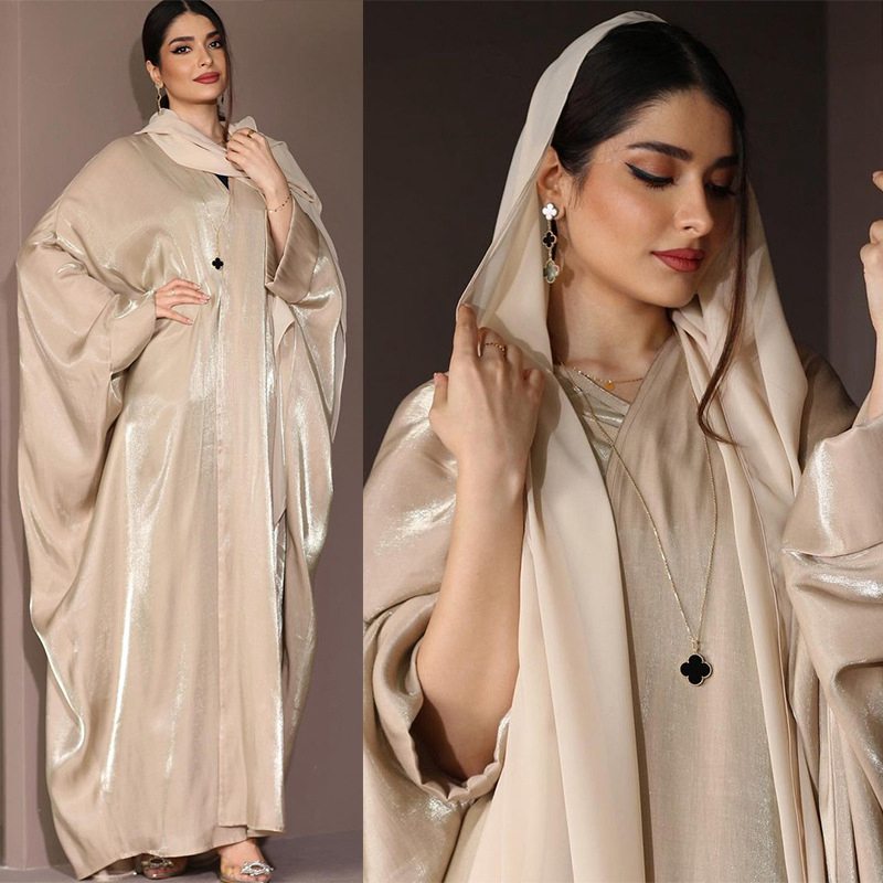 Satin Batwing Sleeve Farasha Cardigan Open Abaya Dress