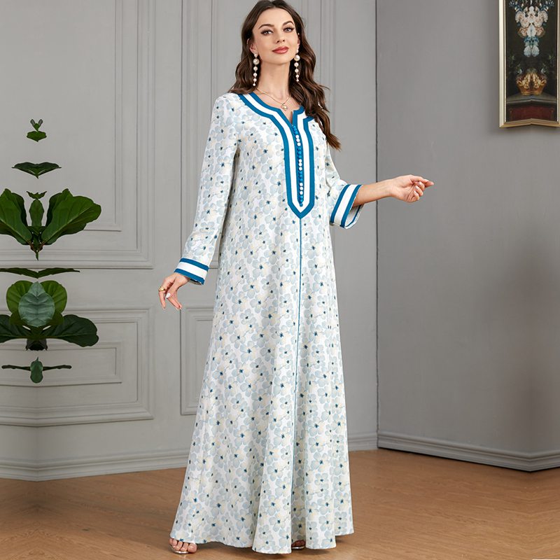Light Blue Flower Printed Caftan Kaftan Dress