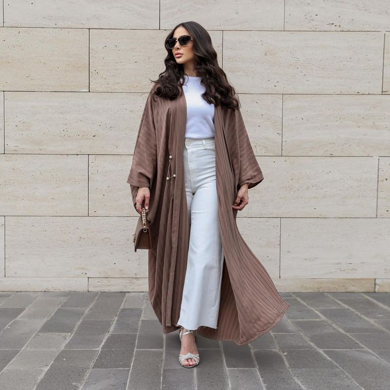 Muslim Women Free Size Stripe Cardigan Open Abaya Dress