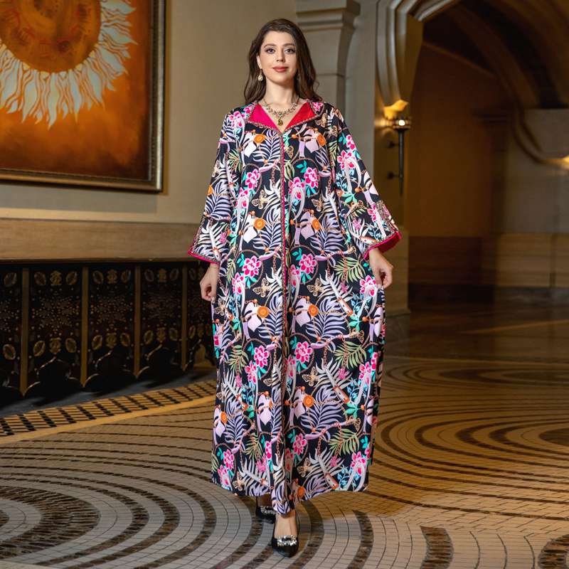 Oblong Collar Rhinestone Printed Caftan Kaftan Dress