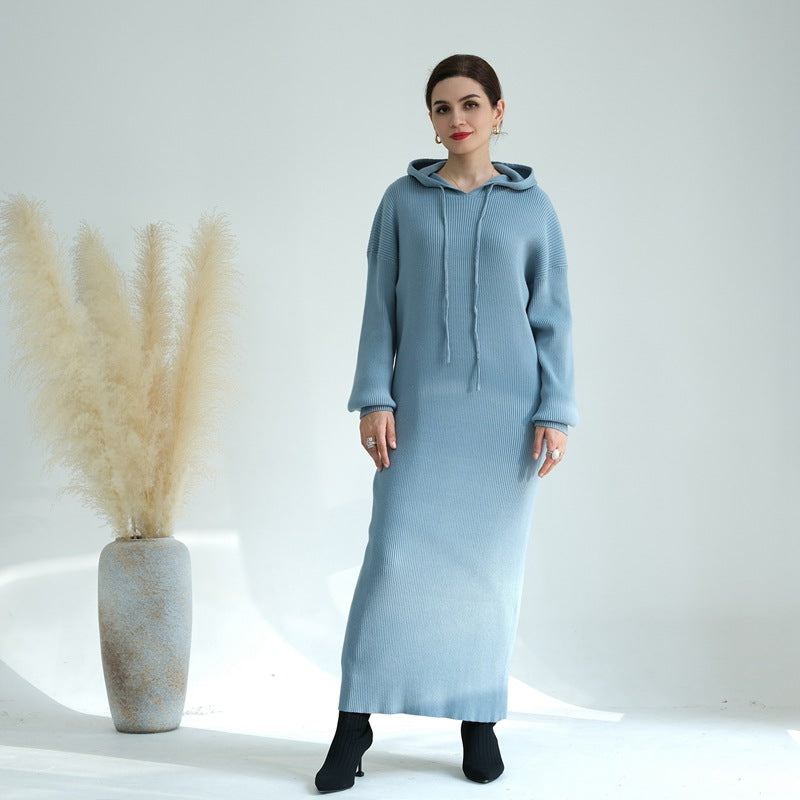 Winter Fall Muslim Women Knitting Heavy Cotton Blended Abaya Dress With Hooded