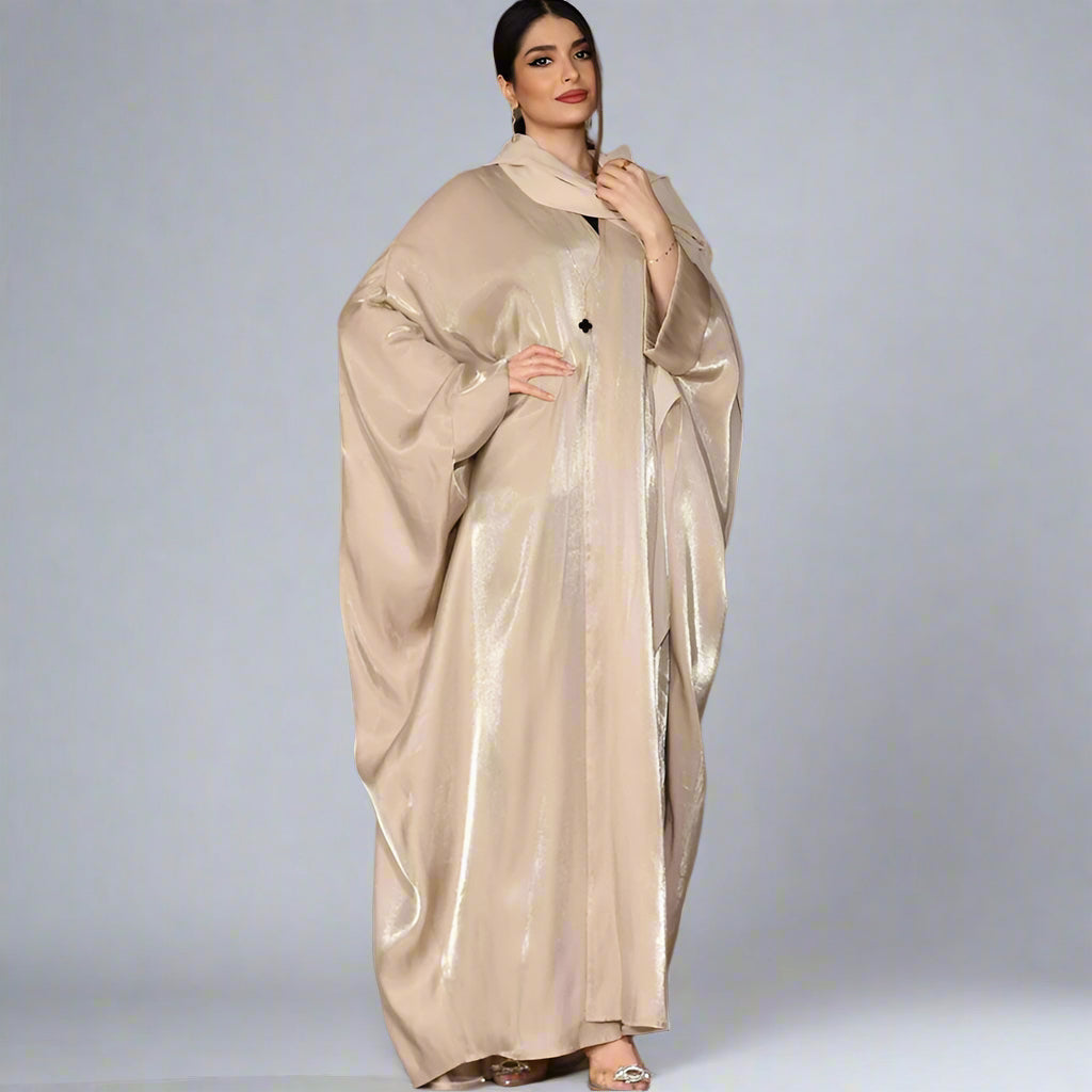 Satin Batwing Sleeve Farasha Cardigan Open Abaya Dress