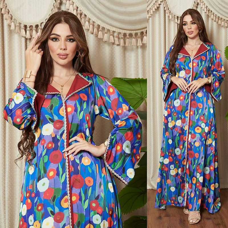 Muslim Women Oblong Collar Rhinestone Printed Satin Caftan Kaftan Dress