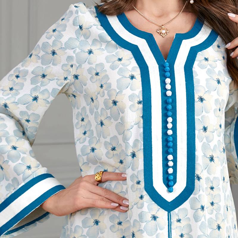 Light Blue Flower Printed Caftan Kaftan Dress