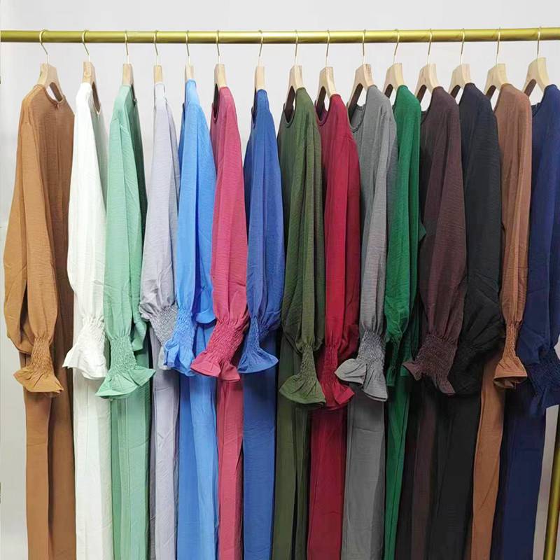 Muslim Women Flower Elastic Sleeve Solid Color Abaya Dress