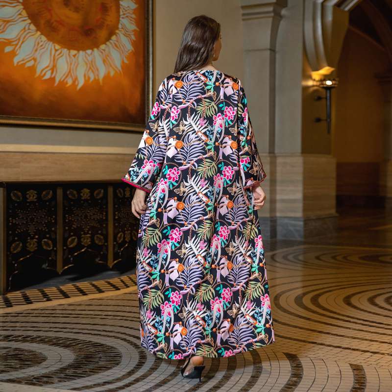 Oblong Collar Rhinestone Printed Caftan Kaftan Dress