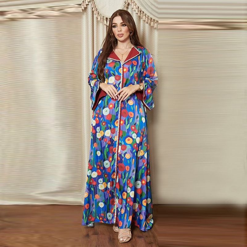 Oblong Collar Rhinestone Printed Satin Women Caftan Kaftan Dress Urgarment