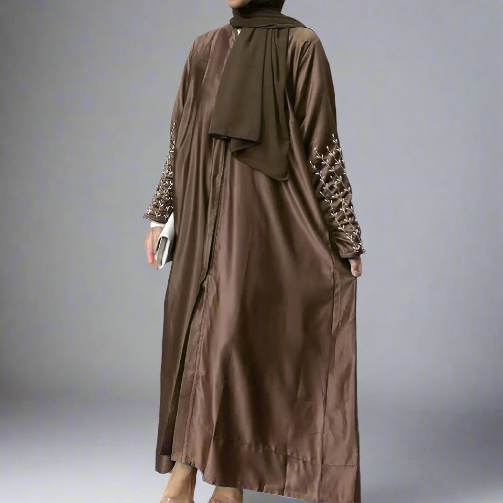 Cotton-Blended Hand Beading Muslim Women Open Abaya Dress