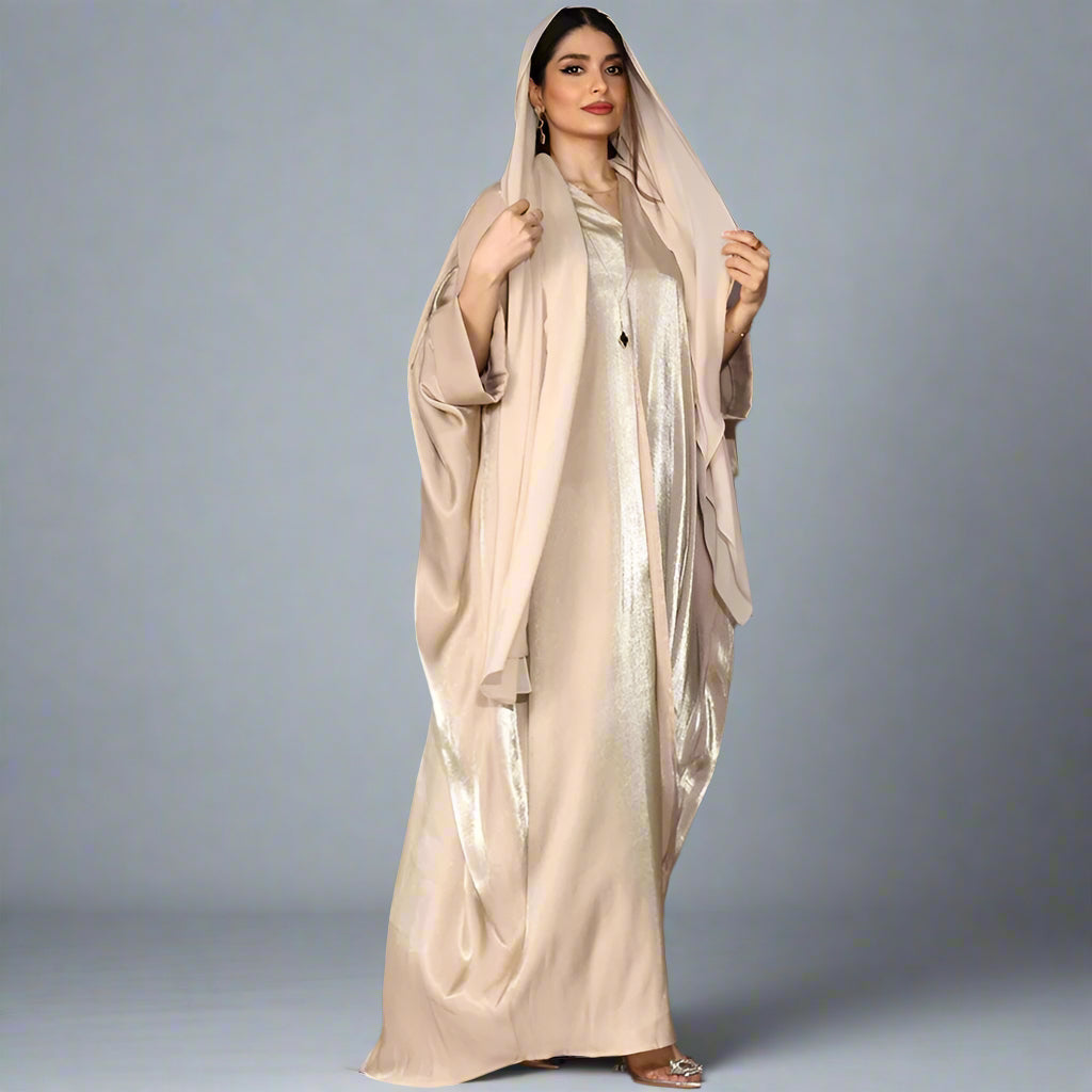 Satin Batwing Sleeve Farasha Cardigan Open Abaya Dress