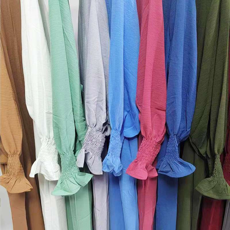 Muslim Women Flower Elastic Sleeve Solid Color Abaya Dress