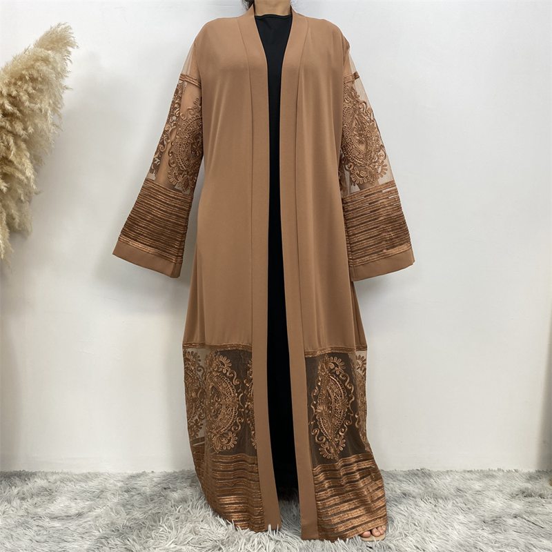 Muslim Women Mesh Embroidery Cardigan Open Abaya Dress