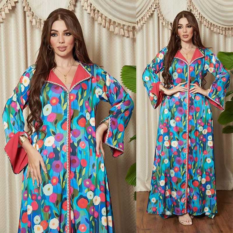 Muslim Women Oblong Collar Rhinestone Printed Satin Caftan Kaftan Dress