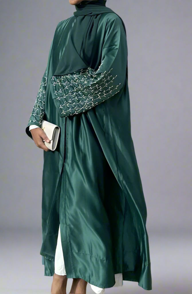 Cotton-Blended Hand Beading Muslim Women Open Abaya Dress