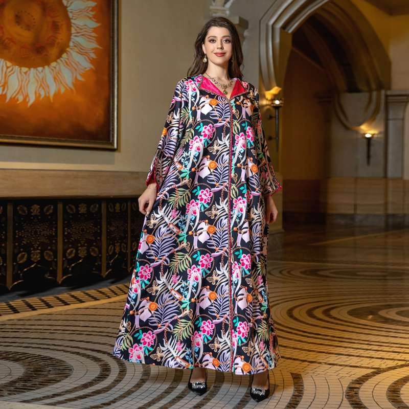 Oblong Collar Rhinestone Printed Caftan Kaftan Dress