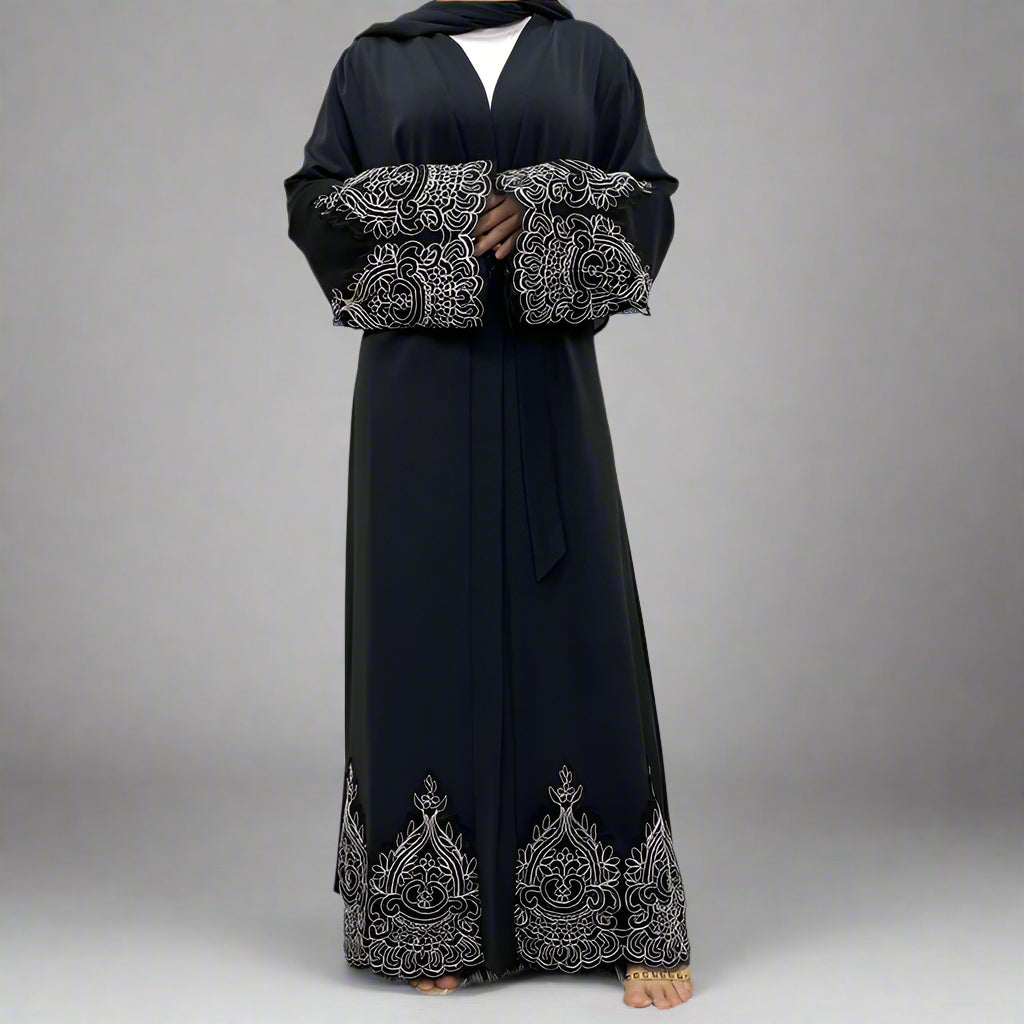 Muslim Women Lace Embroidery Nida Cardigan Open Abaya Dress