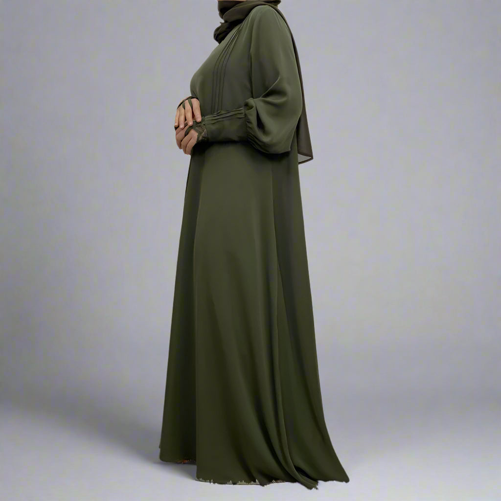Front Zipper Lace Sleeve Muslim Women Abaya Dress