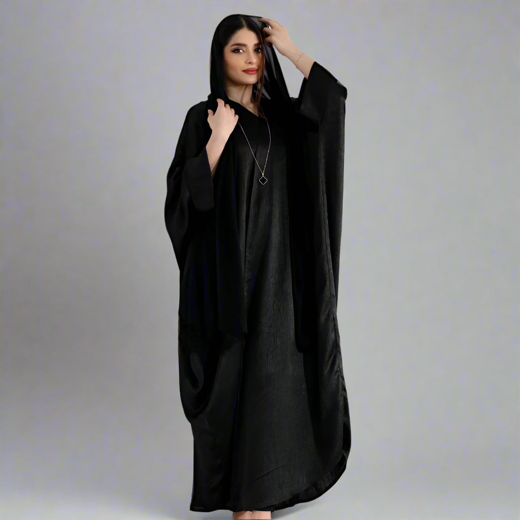 Satin Batwing Sleeve Farasha Cardigan Open Abaya Dress