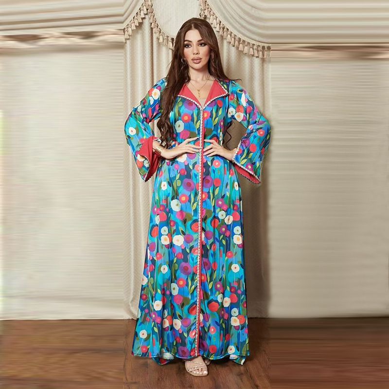 Muslim Women Oblong Collar Rhinestone Printed Satin Caftan Kaftan Dress