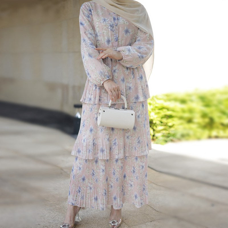 Cute Chiffon Flower Printed Long Abaya Dress
