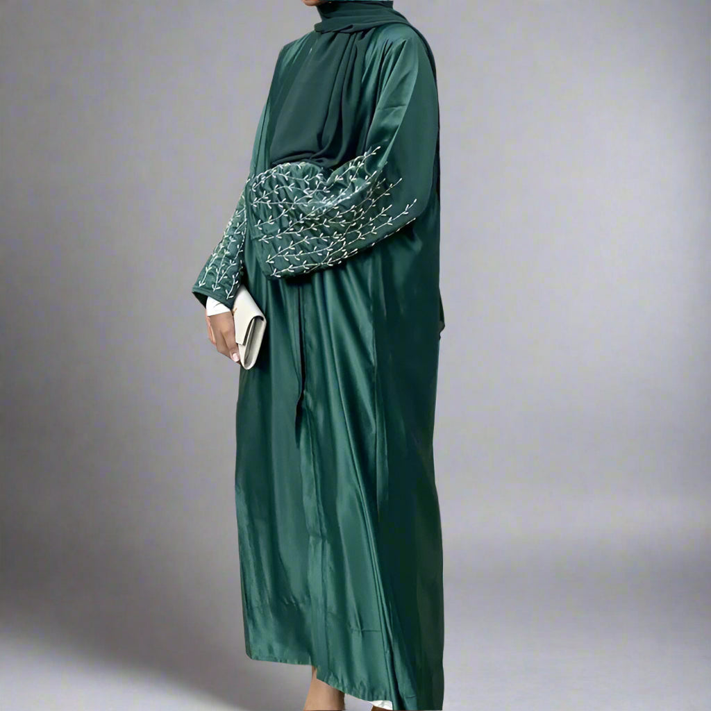 Cotton-Blended Hand Beading Muslim Women Open Abaya Dress