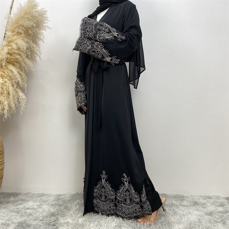 Muslim Women Lace Embroidery Nida Cardigan Open Abaya Dress