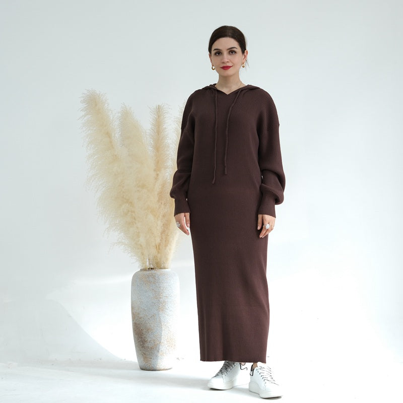 Winter Fall Muslim Women Knitting Heavy Cotton Blended Abaya Dress With Hooded