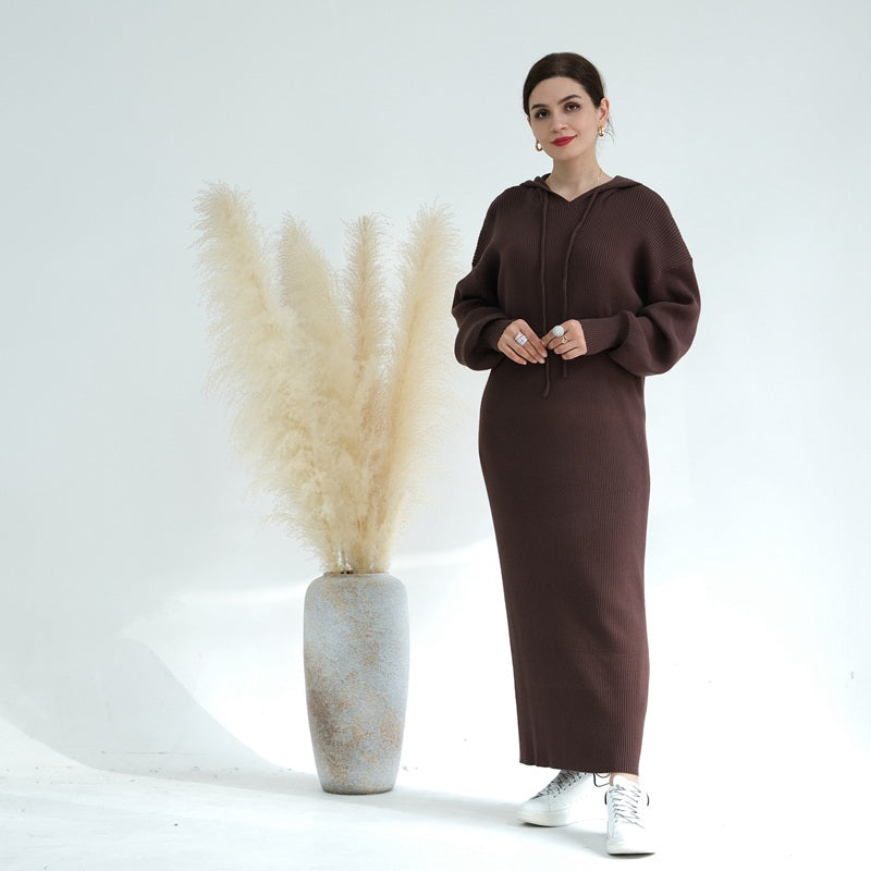 Winter Fall Muslim Women Knitting Heavy Cotton Blended Abaya Dress With Hooded