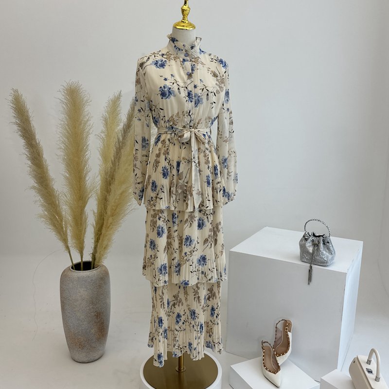Cute Chiffon Flower Printed Long Abaya Dress