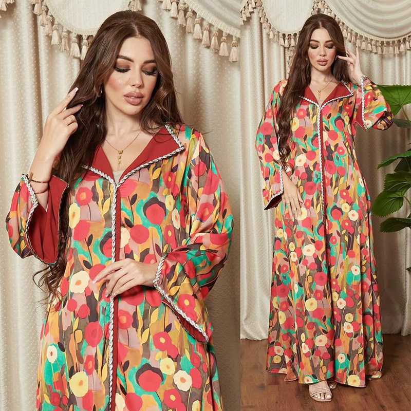 Muslim Women Oblong Collar Rhinestone Printed Satin Caftan Kaftan Dress