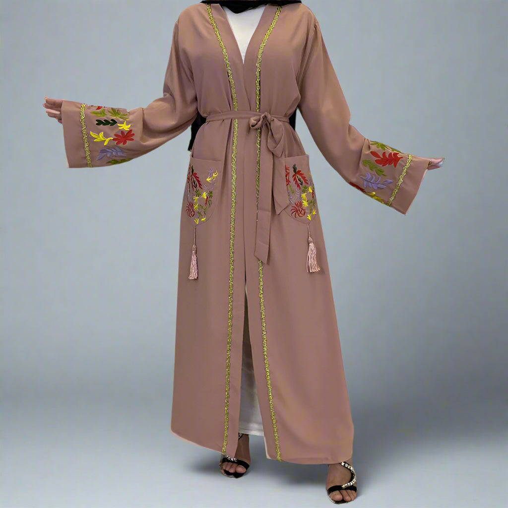 Muslim Women Embroidery Open Abaya Dress