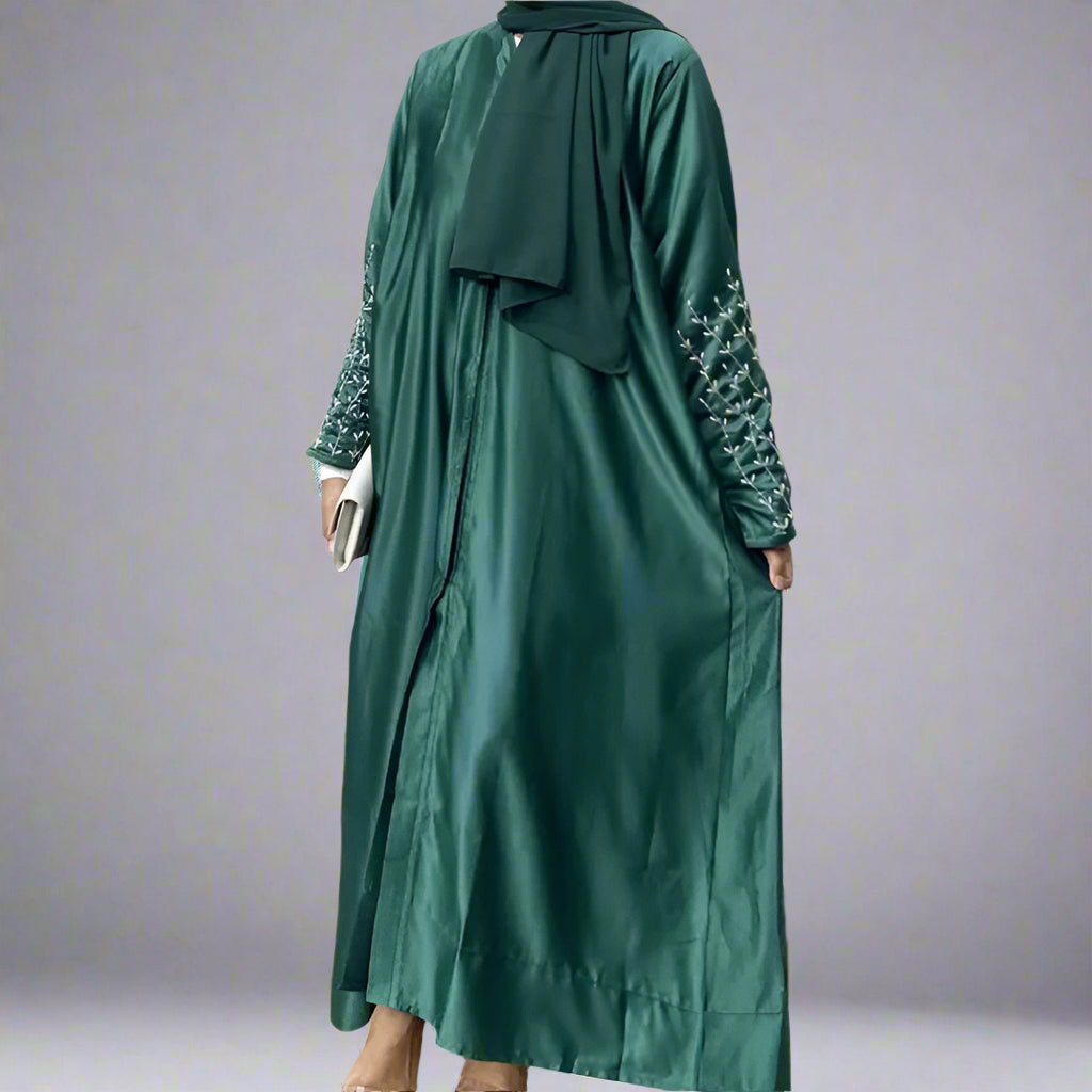 Cotton-Blended Hand Beading Muslim Women Open Abaya Dress