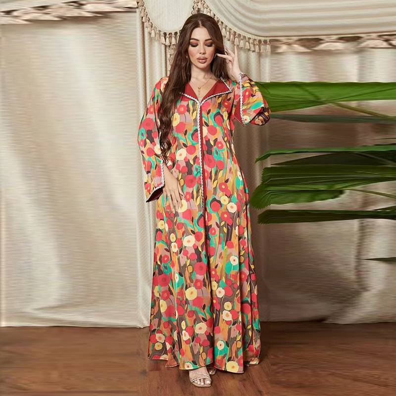 Muslim Women Oblong Collar Rhinestone Printed Satin Caftan Kaftan Dress