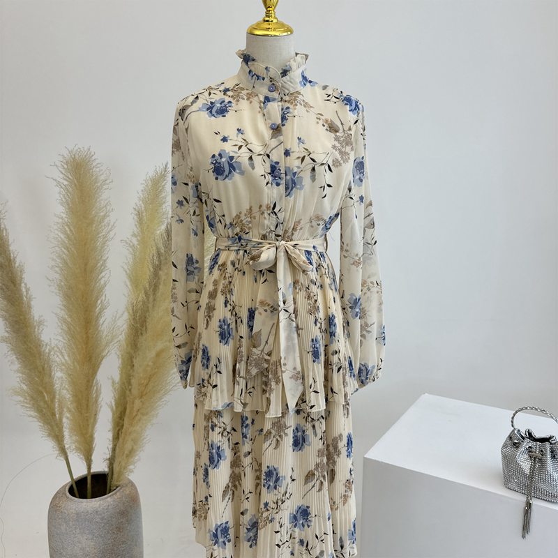 Cute Chiffon Flower Printed Long Abaya Dress