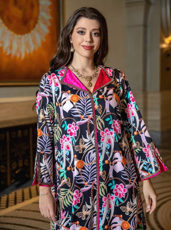 Oblong Collar Rhinestone Printed Caftan Kaftan Dress