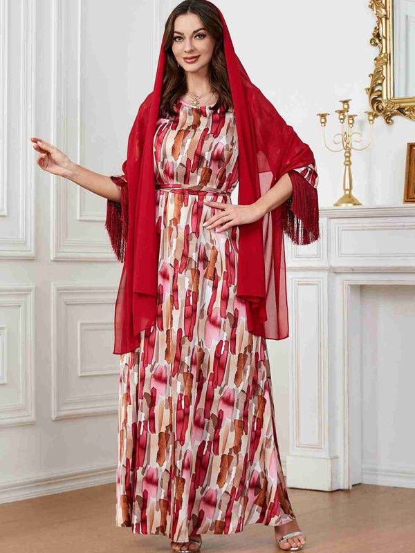 Muslim Women Tassel Printed Caftan Kaftan Dress