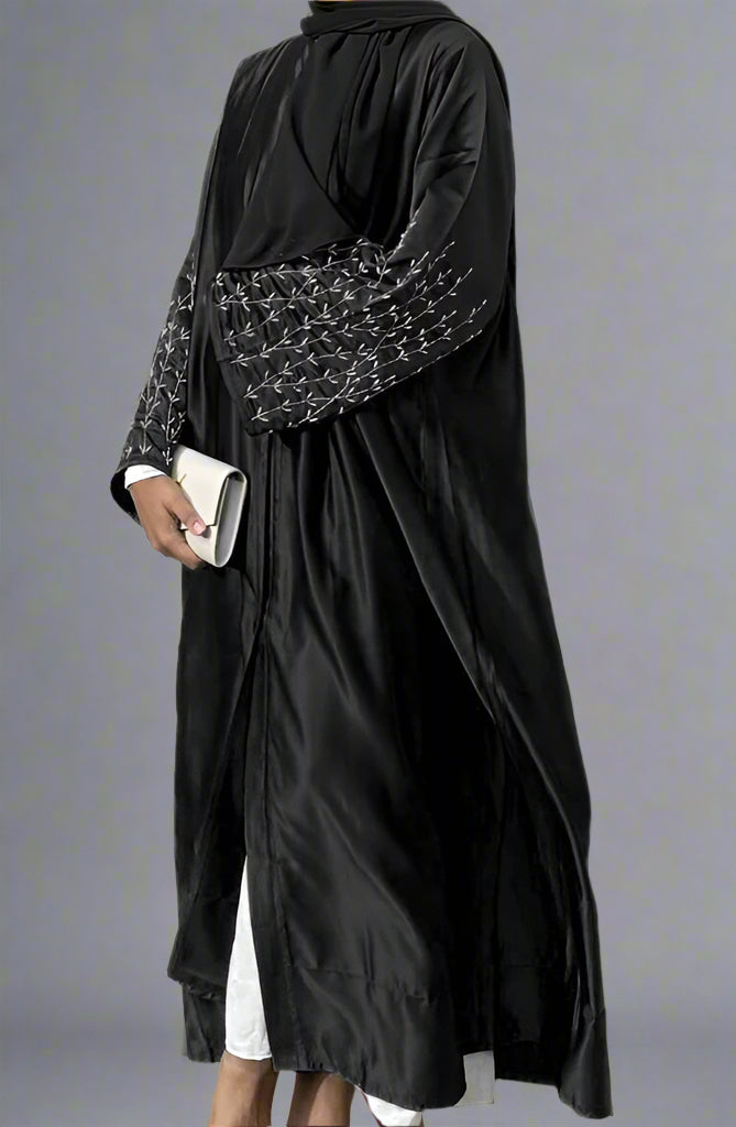 Cotton-Blended Hand Beading Muslim Women Open Abaya Dress