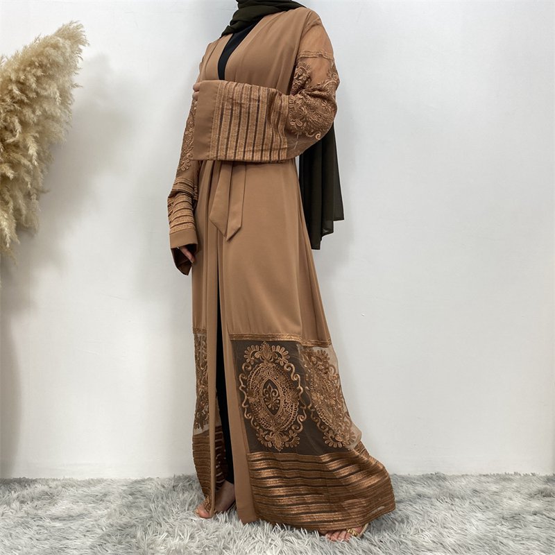 Muslim Women Mesh Embroidery Cardigan Open Abaya Dress