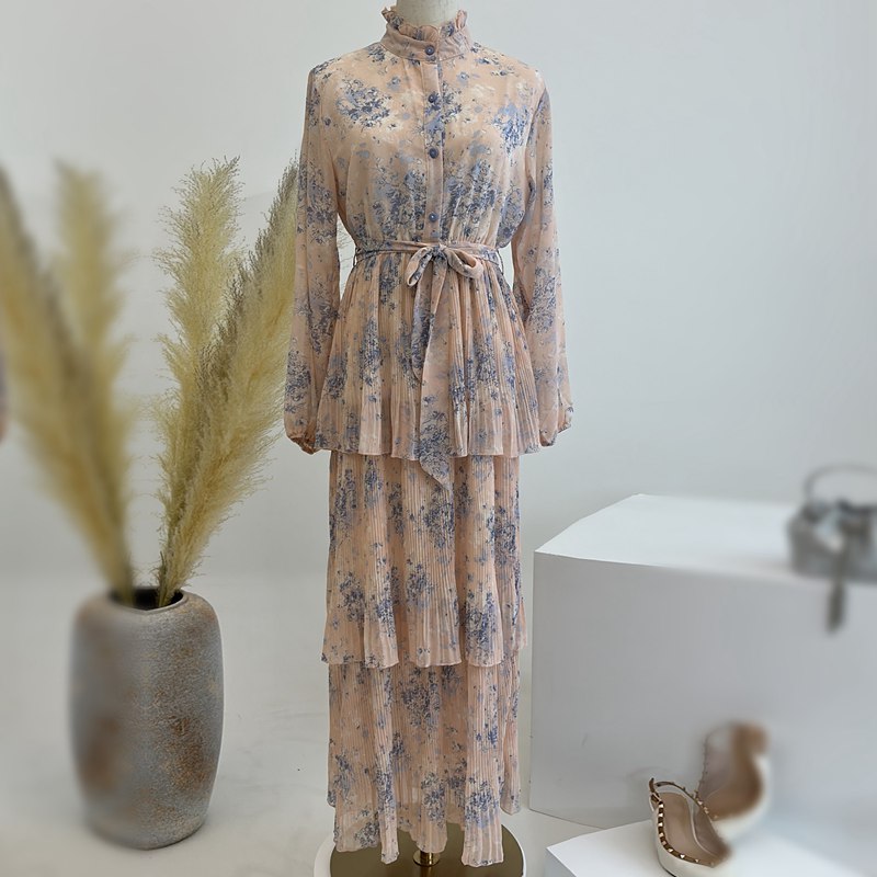 Cute Chiffon Flower Printed Long Abaya Dress