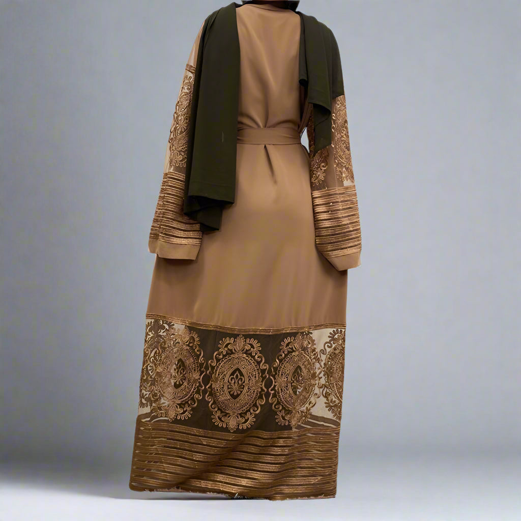 Muslim Women Mesh Embroidery Cardigan Open Abaya Dress