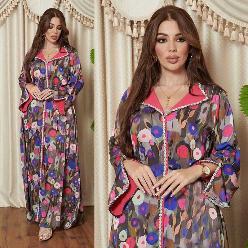 Muslim Women Oblong Collar Rhinestone Printed Satin Caftan Kaftan Dress