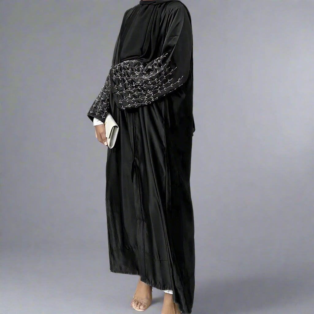 Cotton-Blended Hand Beading Muslim Women Open Abaya Dress