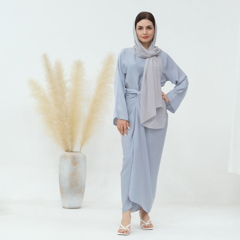 2 Pieces Set Abaya Pants Set Muslim Women Nida Tops And Pant With Midi Wrap
