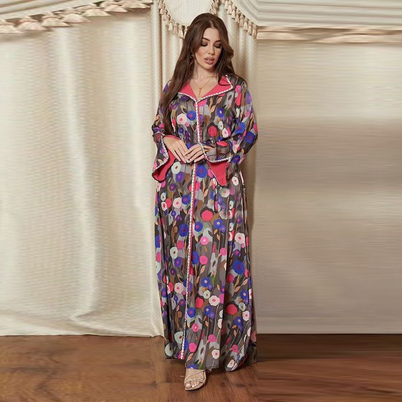 Muslim Women Oblong Collar Rhinestone Printed Satin Caftan Kaftan Dress