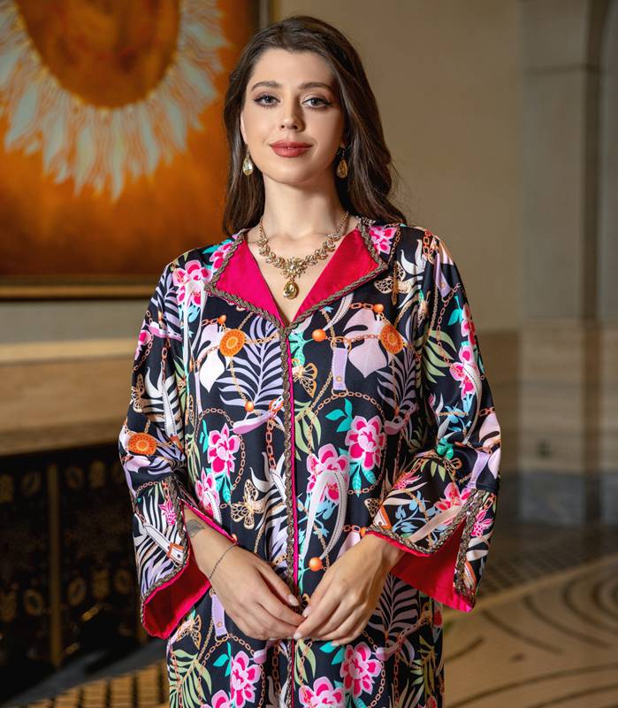 Oblong Collar Rhinestone Printed Caftan Kaftan Dress