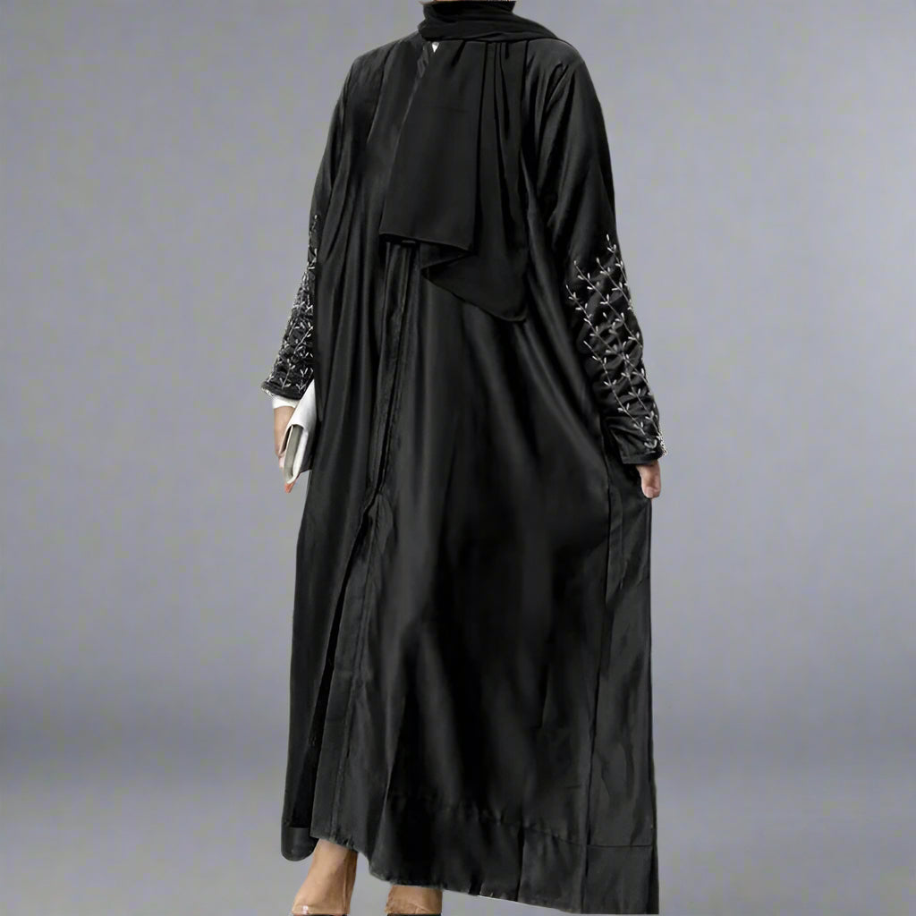Cotton-Blended Hand Beading Muslim Women Open Abaya Dress