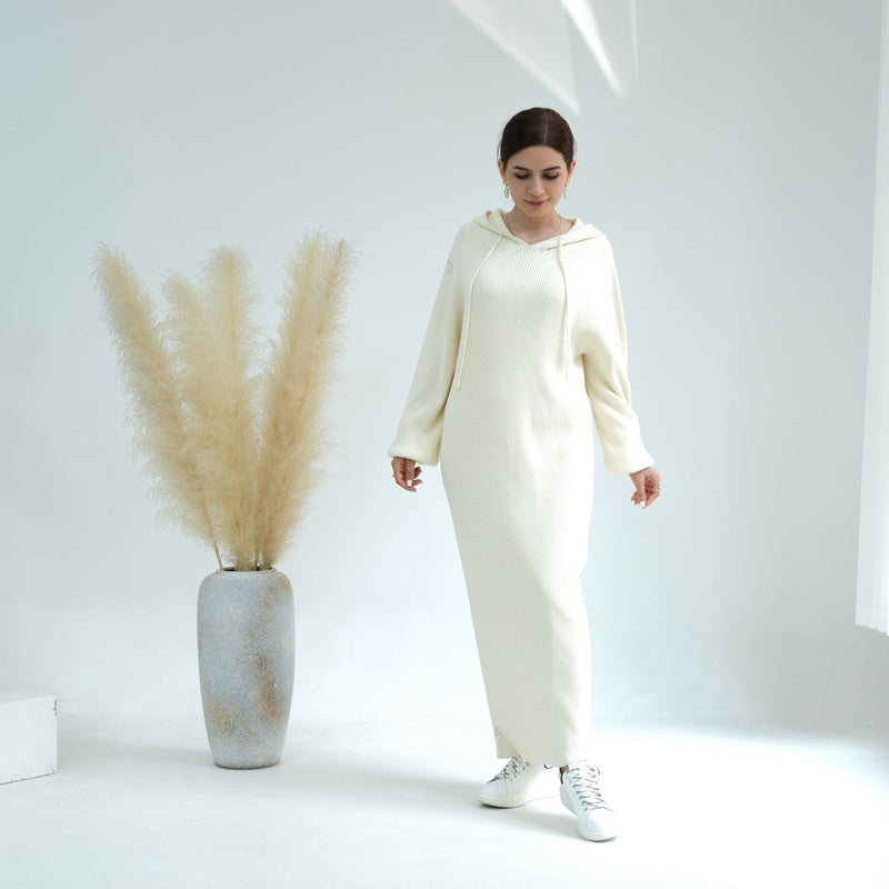 Winter Fall Muslim Women Knitting Heavy Cotton Blended Abaya Dress With Hooded