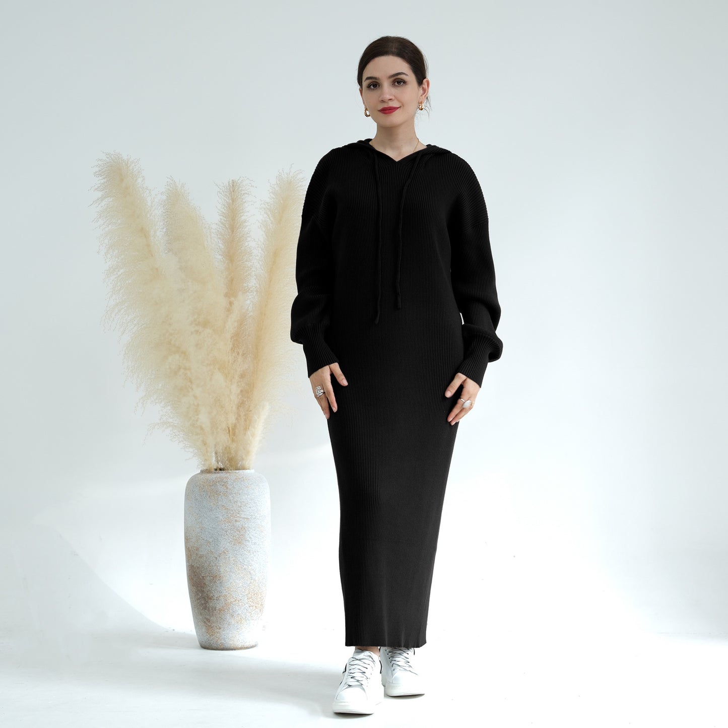 Winter Fall Muslim Women Knitting Heavy Cotton Blended Abaya Dress With Hooded