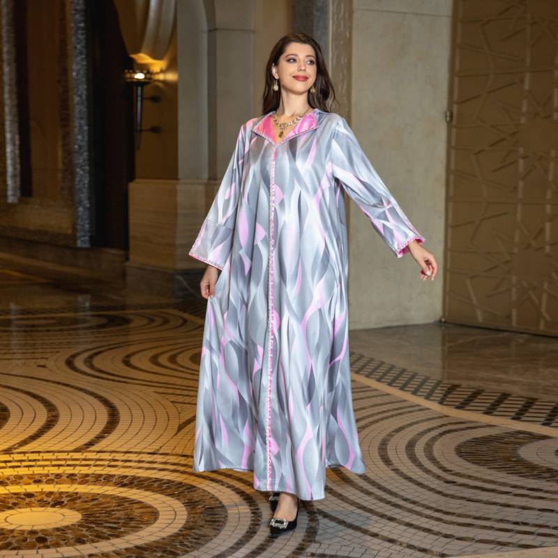 Eid Dress Printed Oblong Collar Rhinestone Women Home Wear Caftan Kaftan Dress