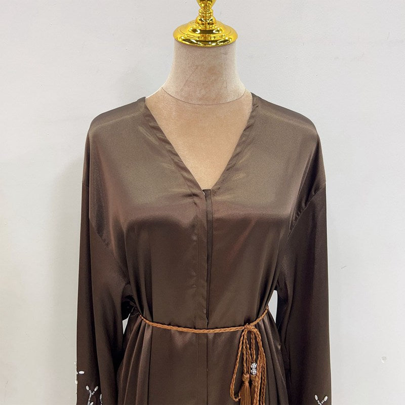 Cotton-Blended Hand Beading Muslim Women Open Abaya Dress